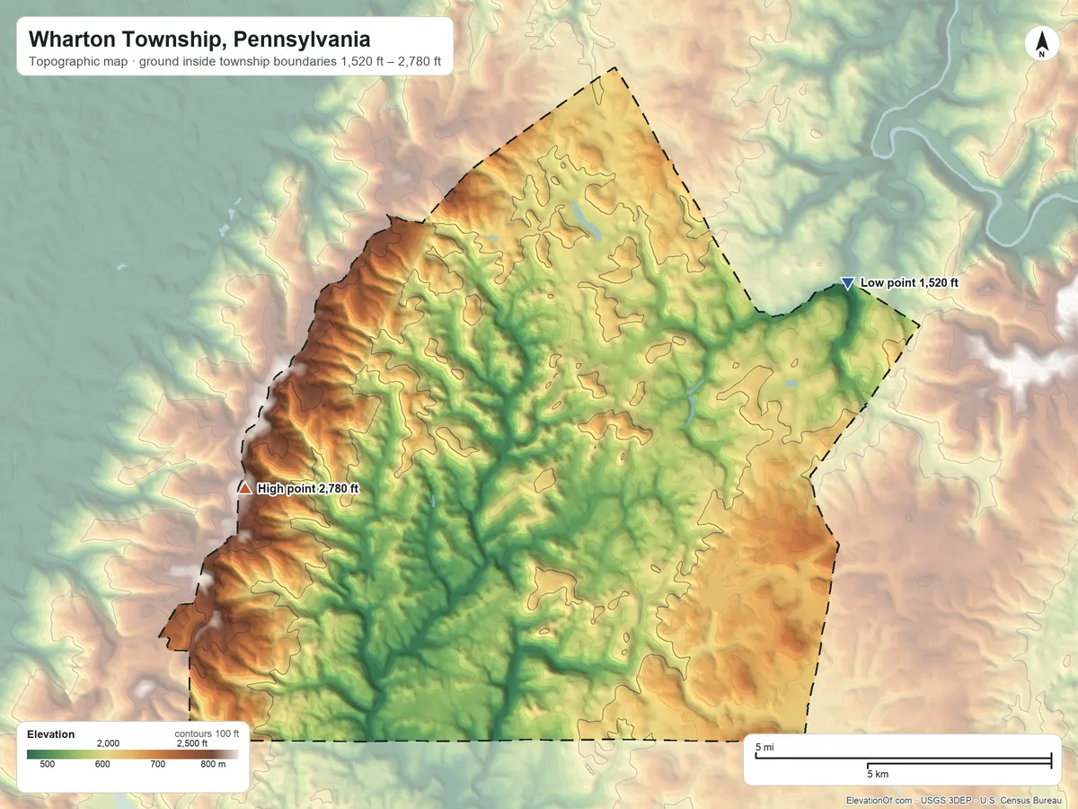 Topographic elevation map of Wharton Township, Pennsylvania, shaded from 1,520 ft on the northeast side to 2,780 ft on the west side