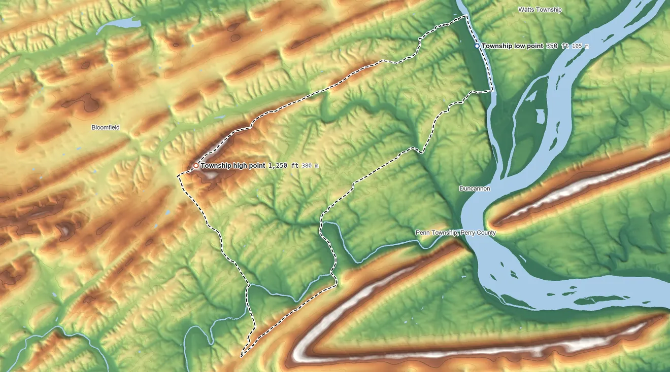 Topographic elevation map of Wheatfield Township, Pennsylvania, shaded from 350 ft on the northeast side to 1,250 ft on the west side