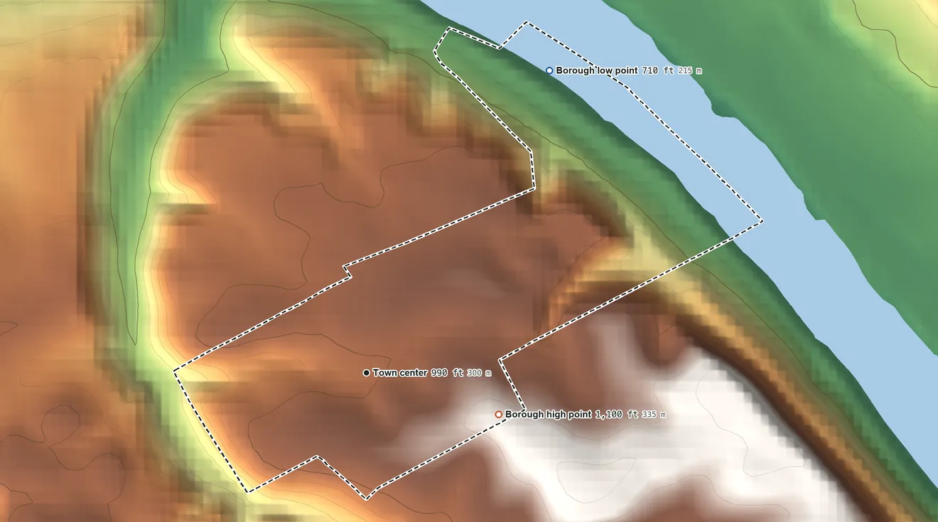 Topographic elevation map of Whitaker, Pennsylvania, shaded from 710 ft on the northeast side to 1,100 ft on the east side