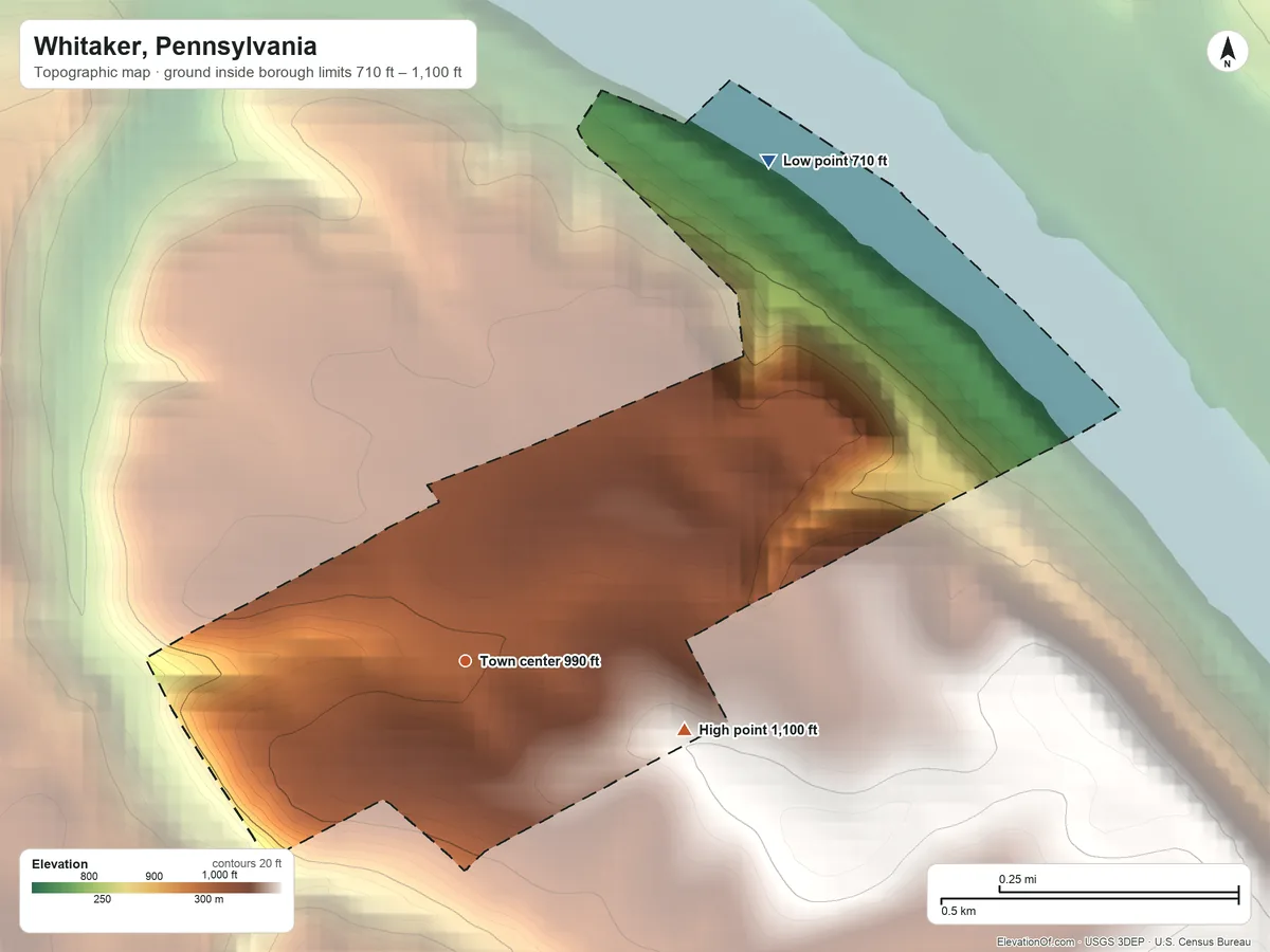 Topographic elevation map of Whitaker, Pennsylvania, shaded from 710 ft on the northeast side to 1,100 ft on the east side
