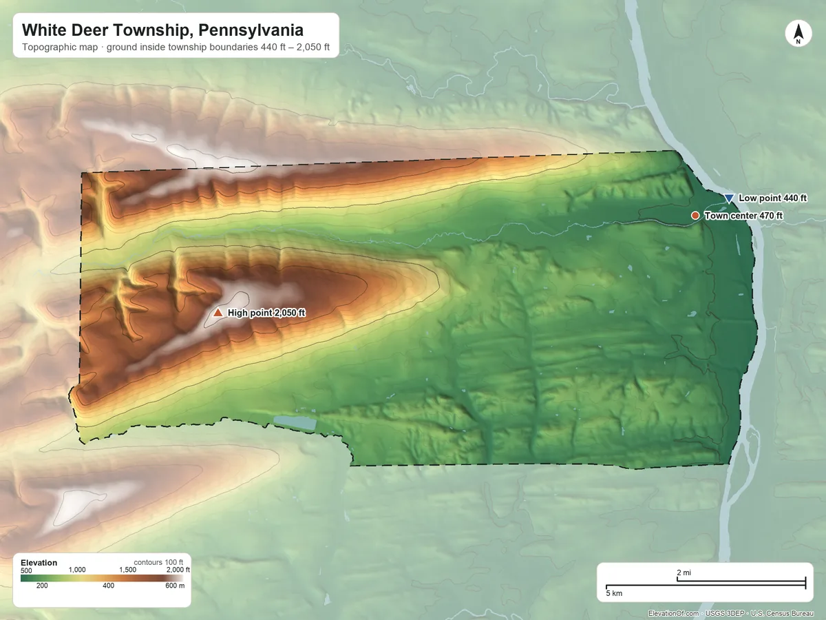 Topographic elevation map of White Deer Township, Pennsylvania, shaded from 440 ft near the middle to 2,050 ft on the west side