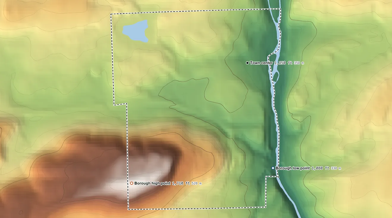 Topographic elevation map of White Haven, Pennsylvania, shaded from 1,080 ft on the south side to 1,710 ft on the southwest side