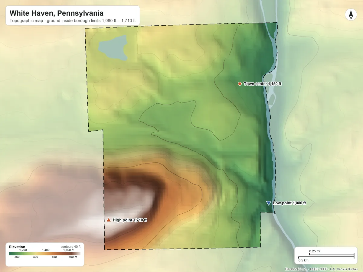 Topographic elevation map of White Haven, Pennsylvania, shaded from 1,080 ft on the south side to 1,710 ft on the southwest side