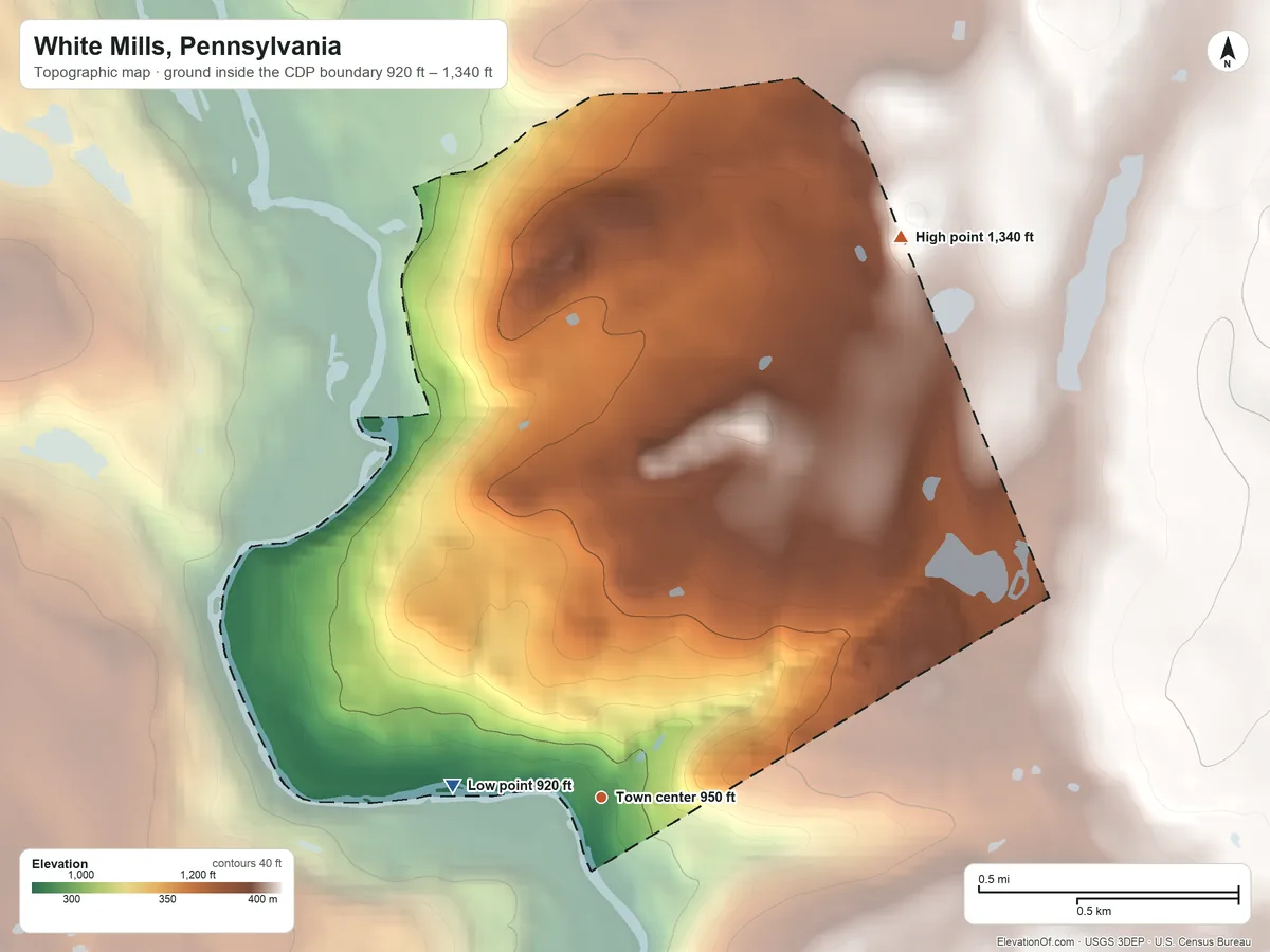 Topographic elevation map of White Mills, Pennsylvania, shaded from 920 ft on the west side to 1,340 ft on the northeast side