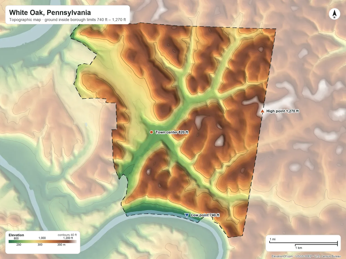 Topographic elevation map of White Oak, Pennsylvania, shaded from 740 ft on the southeast side to 1,270 ft on the east side