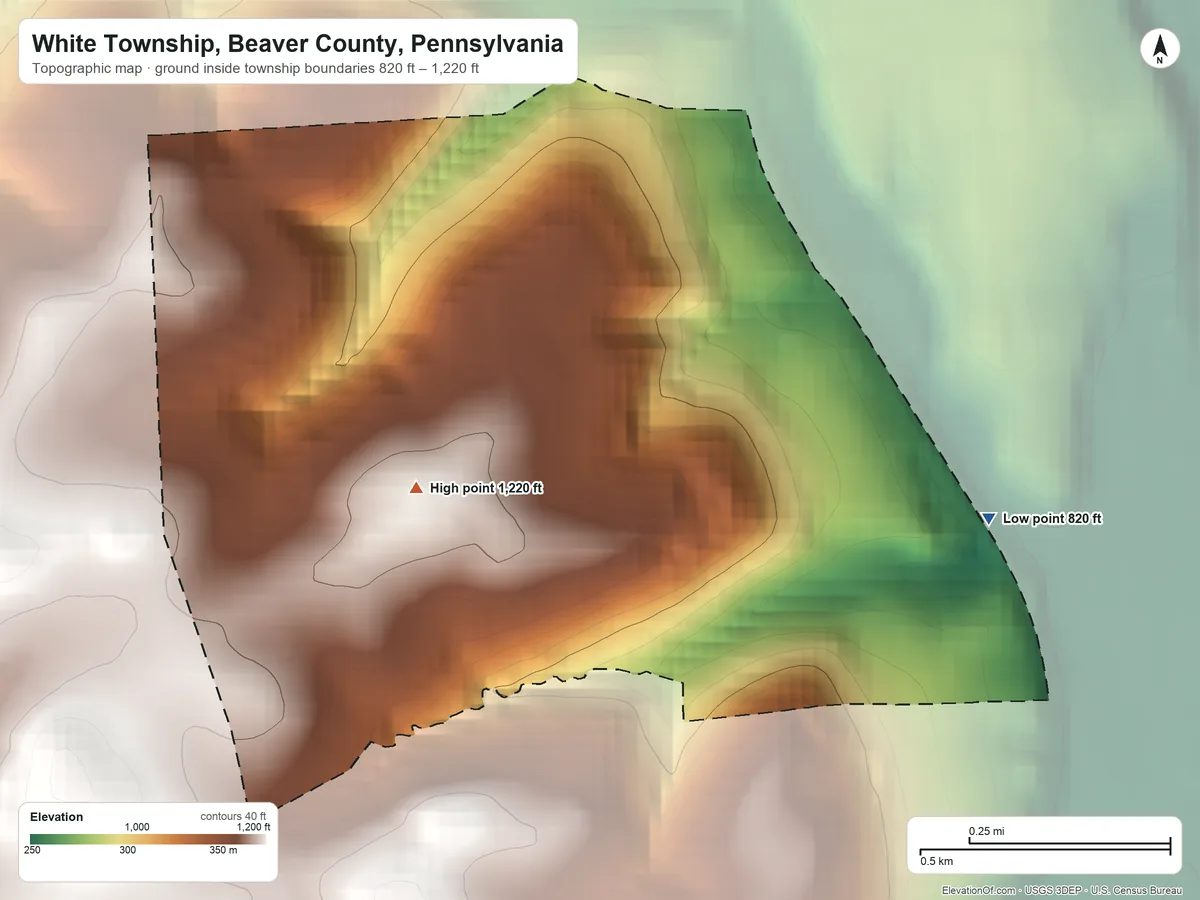 Topographic elevation map of White Township, Beaver County, Pennsylvania, shaded from 820 ft on the east side to 1,220 ft near the middle