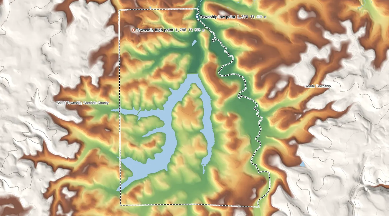 Topographic elevation map of White Township, Cambria County, Pennsylvania, shaded from 1,370 ft on the northeast side to 1,780 ft on the north side