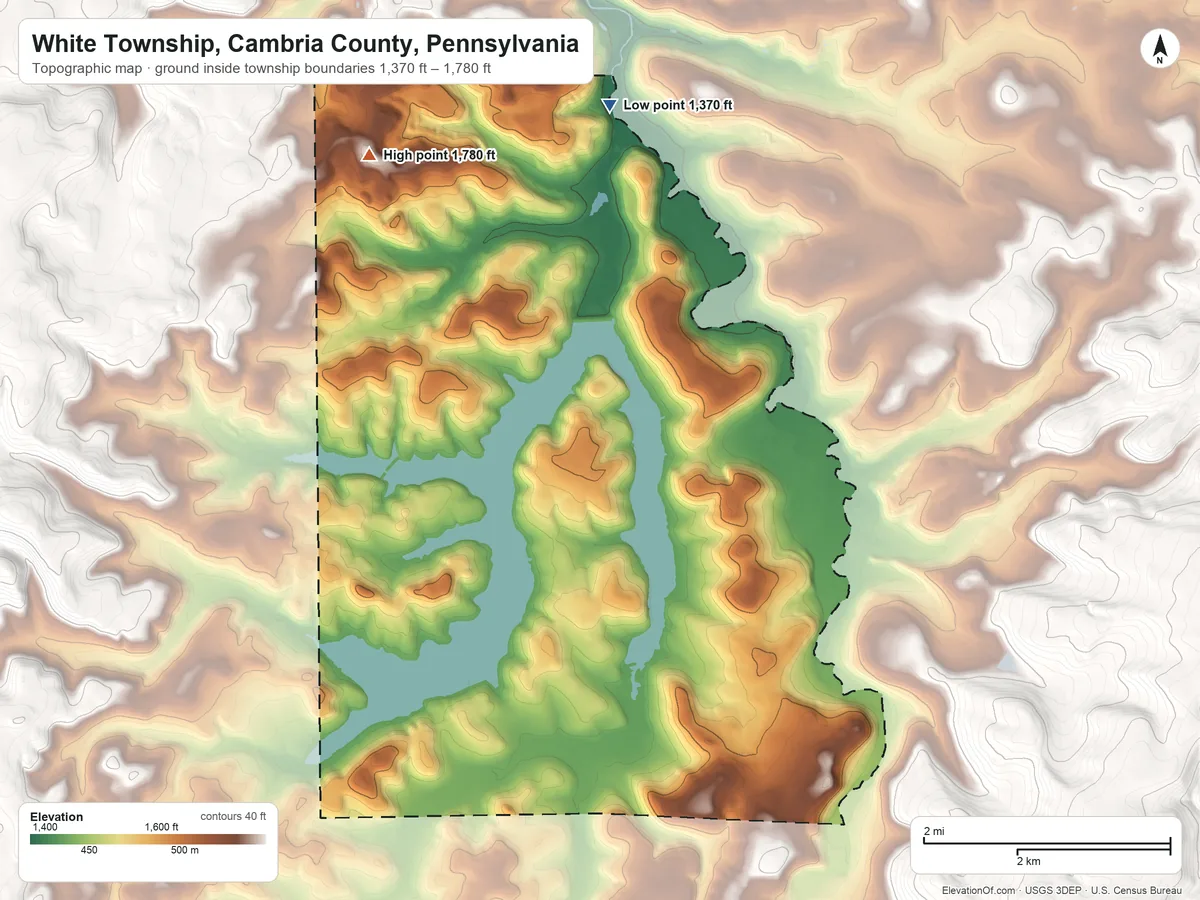 Topographic elevation map of White Township, Cambria County, Pennsylvania, shaded from 1,370 ft on the northeast side to 1,780 ft on the north side