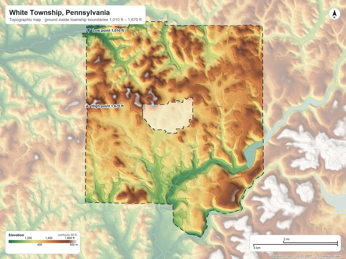 Topographic elevation map of White Township, Pennsylvania, shaded from 1,010 ft on the northwest side to 1,670 ft on the west side