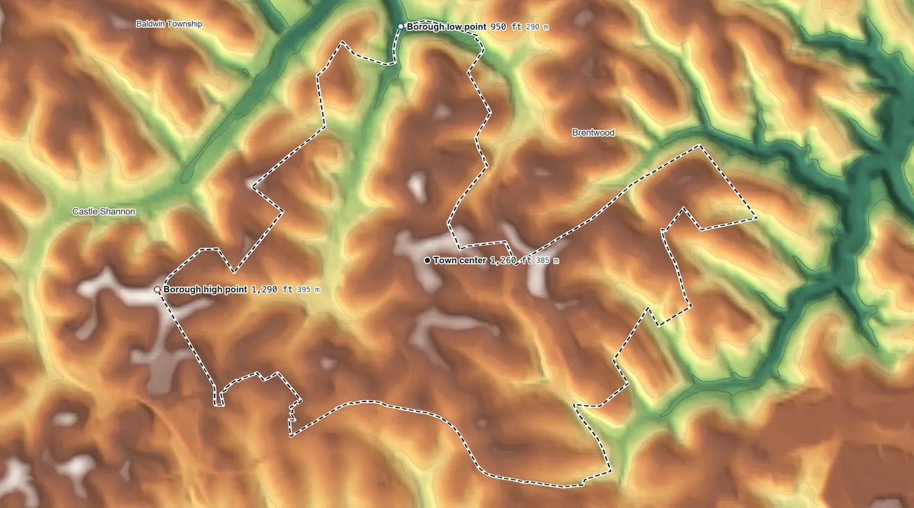 Topographic elevation map of Whitehall, Pennsylvania, shaded from 950 ft on the north side to 1,290 ft on the west side