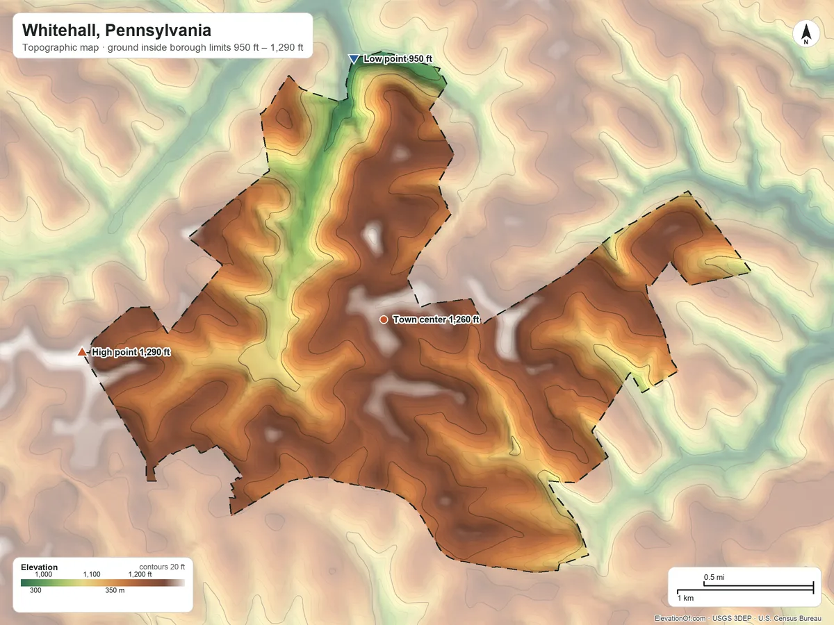 Topographic elevation map of Whitehall, Pennsylvania, shaded from 950 ft on the north side to 1,290 ft on the west side