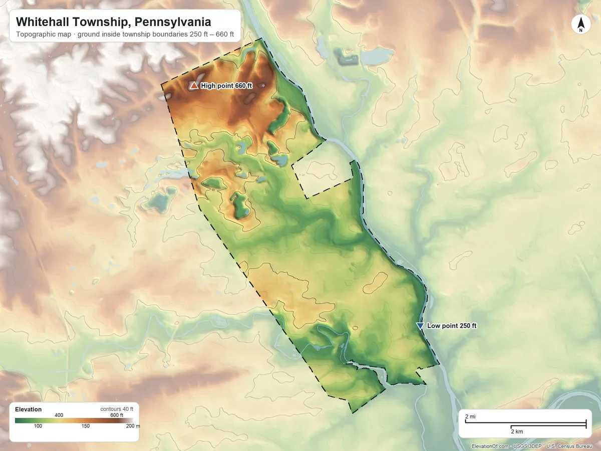 Topographic elevation map of Whitehall Township, Pennsylvania, shaded from 250 ft on the southeast side to 660 ft on the northwest side