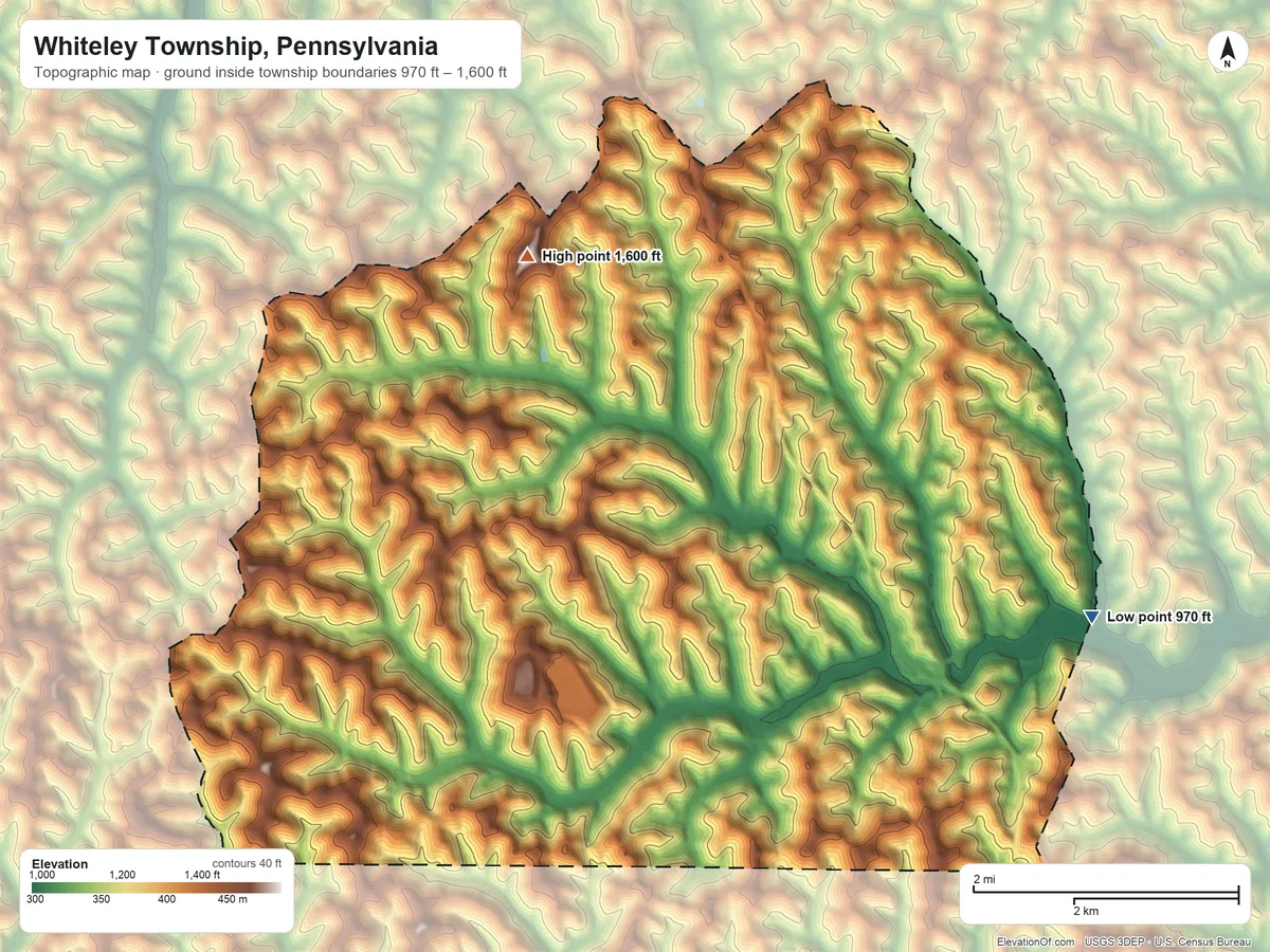 Topographic elevation map of Whiteley Township, Pennsylvania, shaded from 970 ft on the east side to 1,600 ft on the northwest side