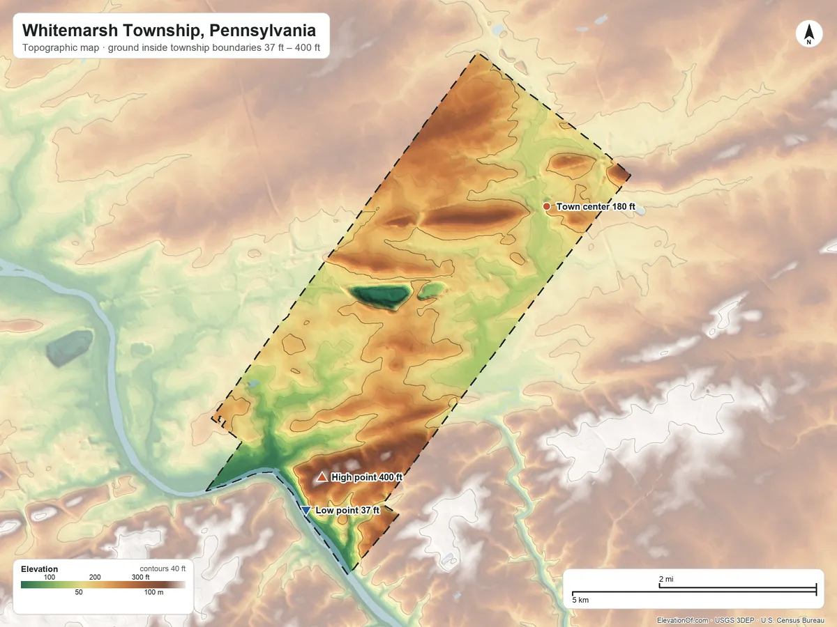 Topographic elevation map of Whitemarsh Township, Pennsylvania, shaded from 37 ft on the southwest side to 400 ft on the southwest side