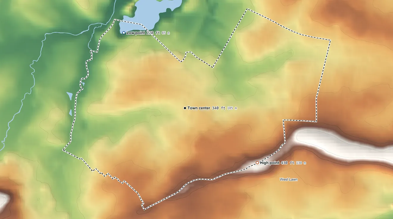 Topographic elevation map of Whitfield, Pennsylvania, shaded from 270 ft on the northwest side to 430 ft on the southeast side