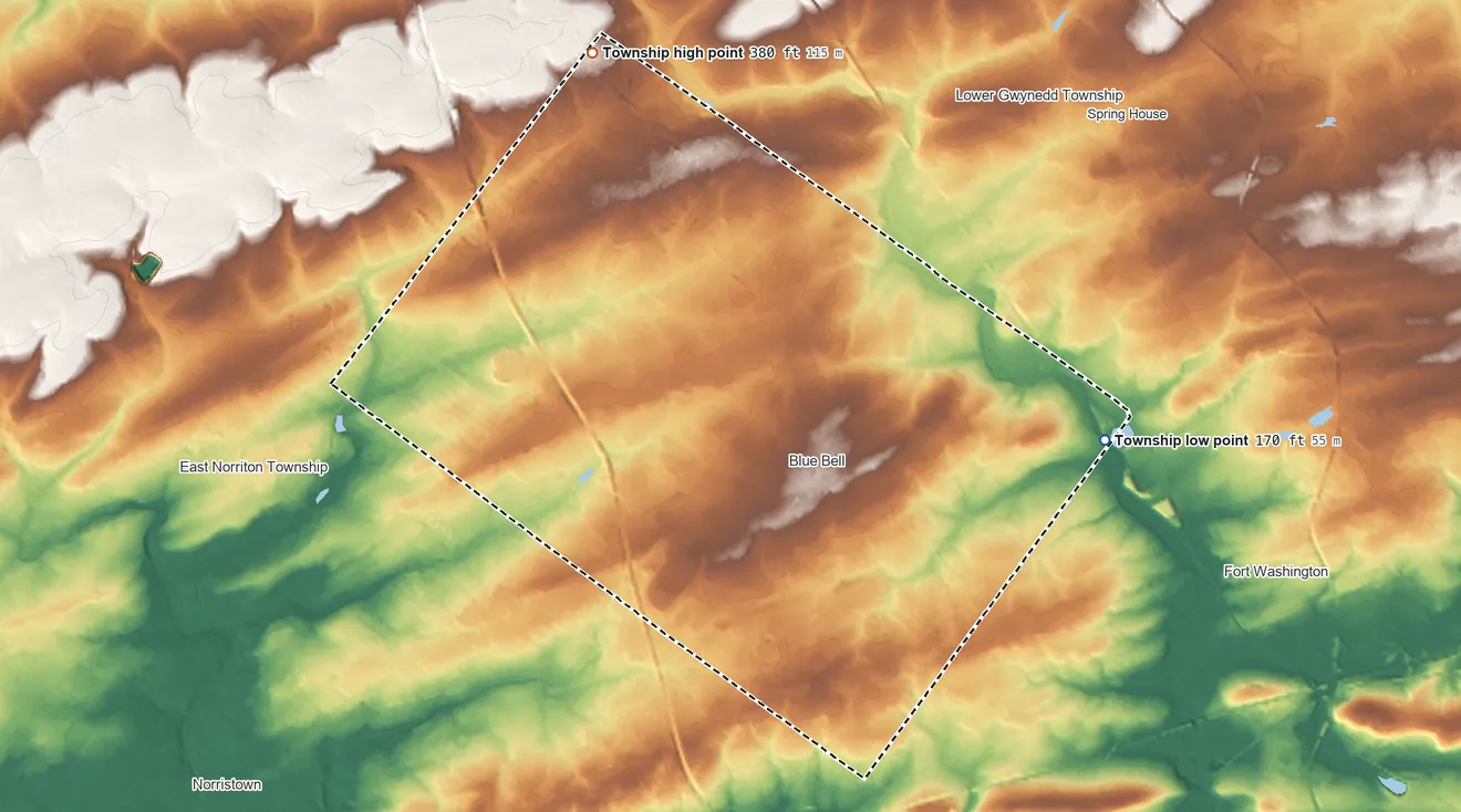 Topographic elevation map of Whitpain Township, Pennsylvania, shaded from 170 ft on the east side to 380 ft on the north side