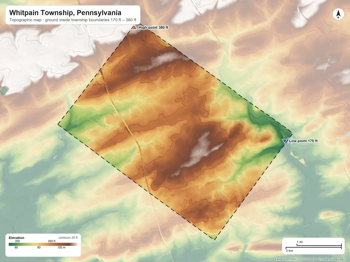 Topographic elevation map of Whitpain Township, Pennsylvania, shaded from 170 ft on the east side to 380 ft on the north side