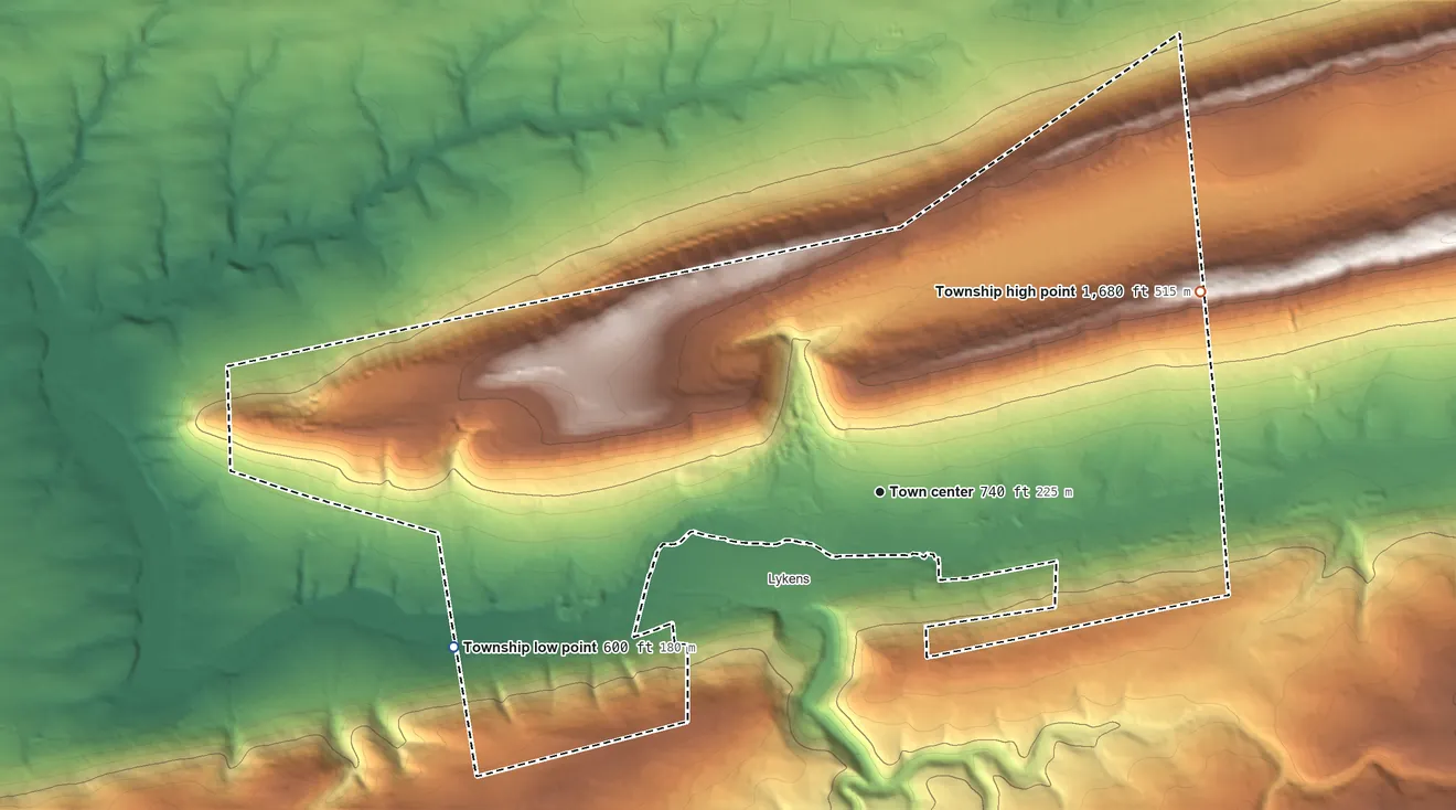 Topographic elevation map of Wiconisco Township, Pennsylvania, shaded from 600 ft on the west side to 1,680 ft on the northeast side