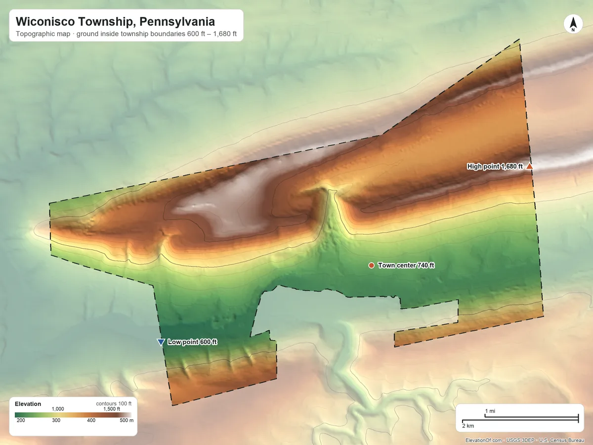 Topographic elevation map of Wiconisco Township, Pennsylvania, shaded from 600 ft on the west side to 1,680 ft on the northeast side