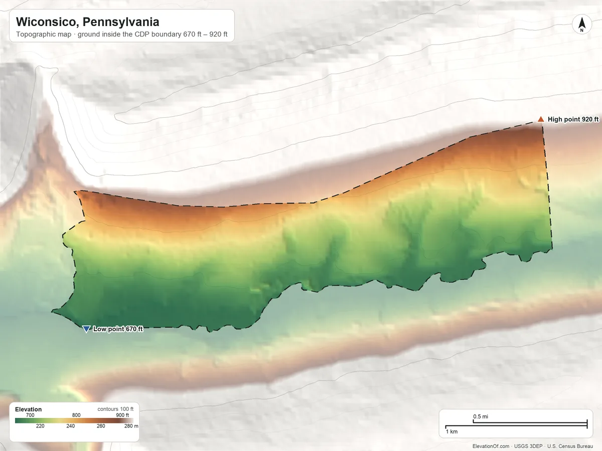 Topographic elevation map of Wiconsico, Pennsylvania, shaded from 670 ft on the southwest side to 920 ft on the east edge, below higher ground just outside