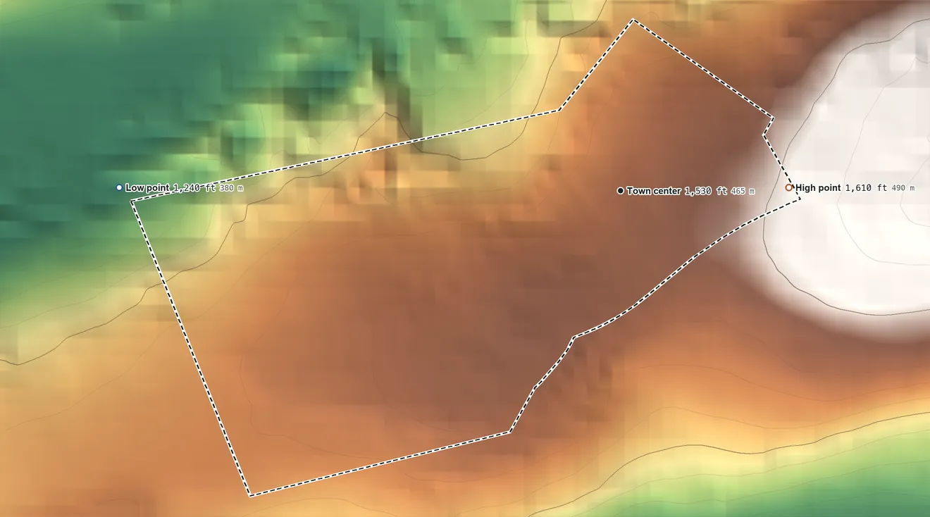 Topographic elevation map of Wilburton Number One, Pennsylvania, shaded from 1,240 ft on the west side to 1,610 ft on the east side