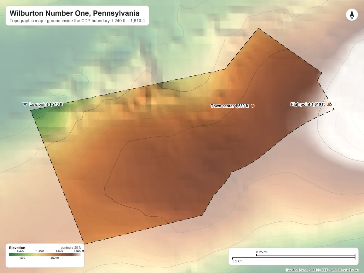 Topographic elevation map of Wilburton Number One, Pennsylvania, shaded from 1,240 ft on the west side to 1,610 ft on the east side