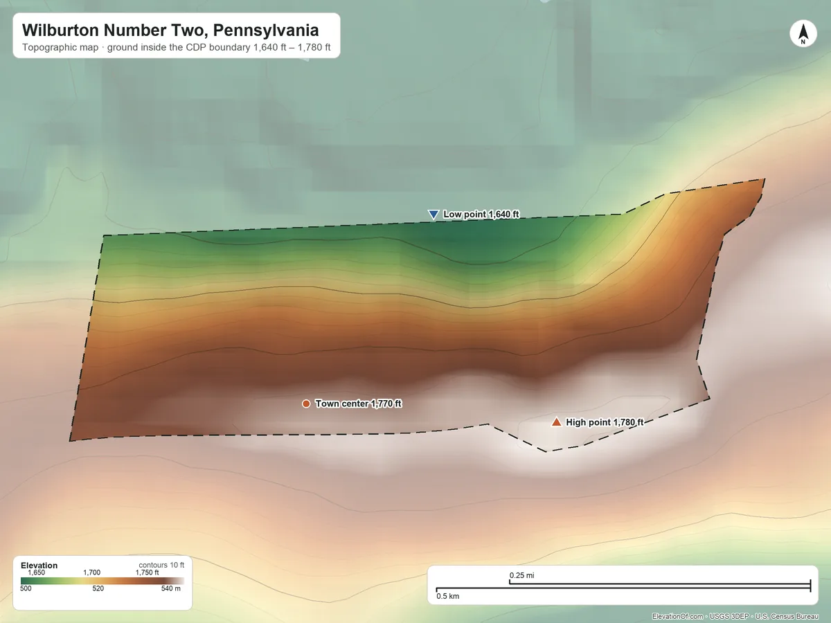 Topographic elevation map of Wilburton Number Two, Pennsylvania, shaded from 1,640 ft on the northeast side to 1,780 ft on the east side