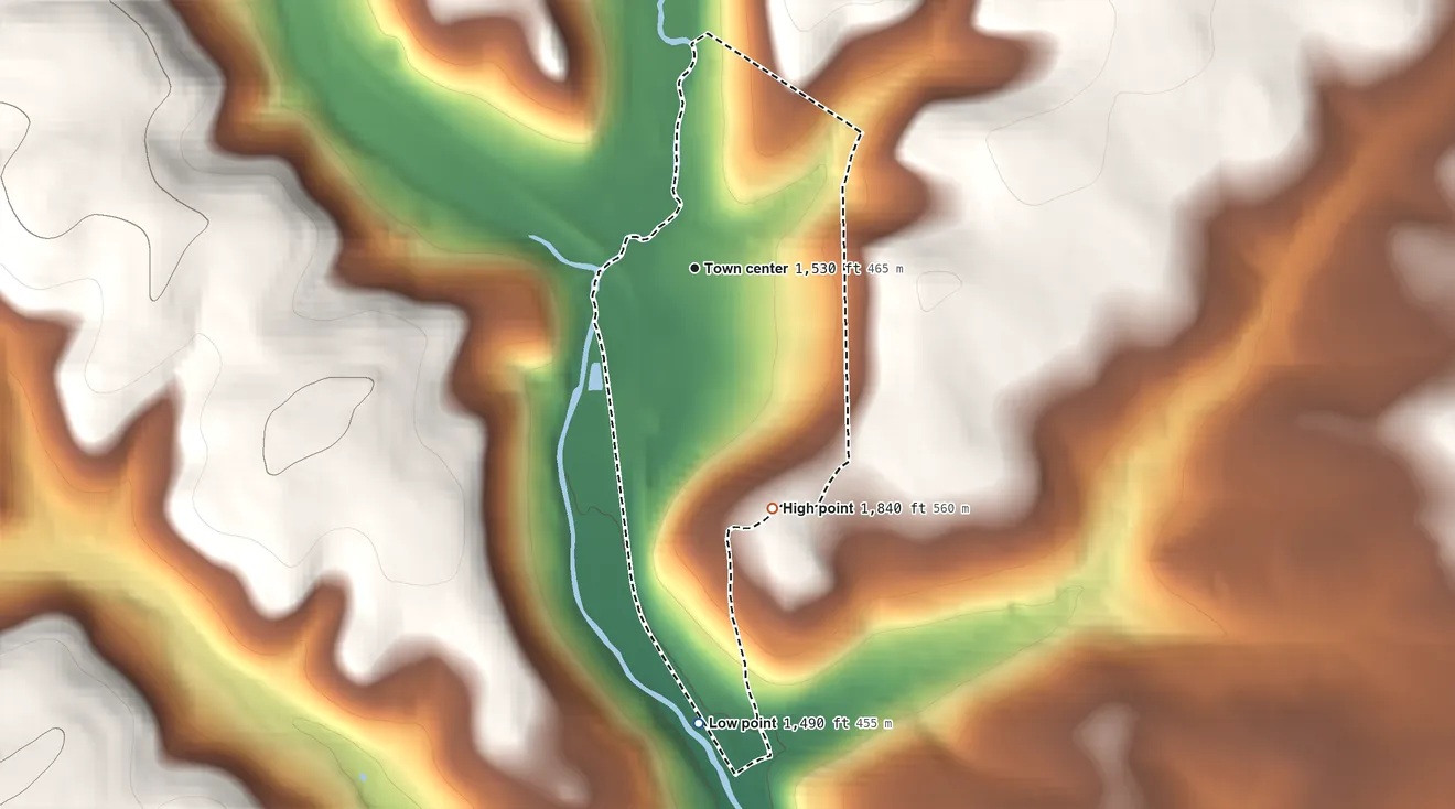 Topographic elevation map of Wilcox, Pennsylvania, shaded from 1,490 ft on the south side to 1,840 ft on the south side