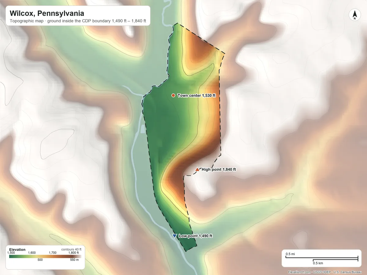 Topographic elevation map of Wilcox, Pennsylvania, shaded from 1,490 ft on the south side to 1,840 ft on the south side