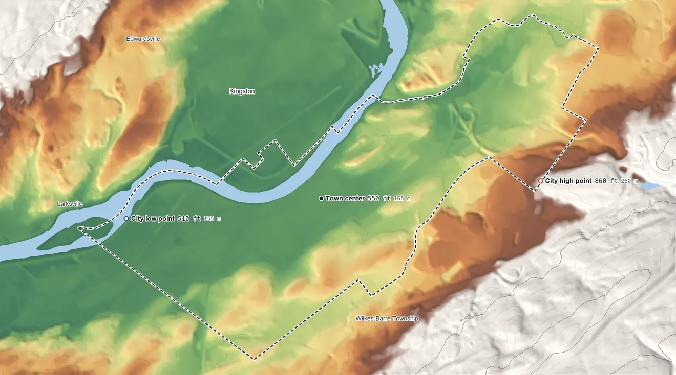 Topographic elevation map of Wilkes-Barre, Pennsylvania, shaded from 510 ft on the west side to 860 ft on the east edge, below higher ground just outside