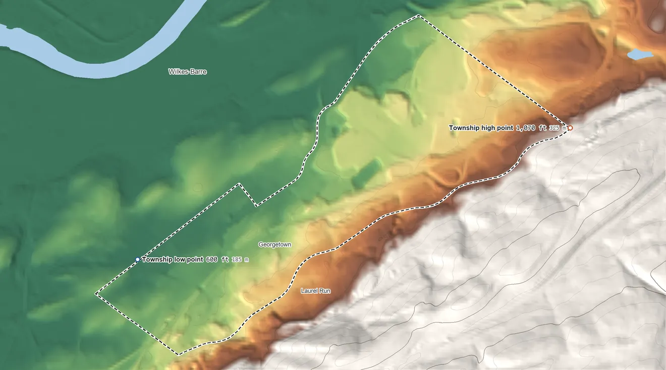 Topographic elevation map of Wilkes-Barre Township, Pennsylvania, shaded from 600 ft on the west side to 1,070 ft on the east edge, below higher ground just outside