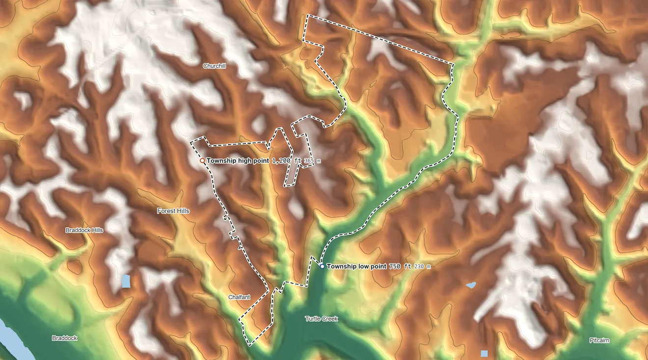 Topographic elevation map of Wilkins Township, Pennsylvania, shaded from 750 ft on the south side to 1,200 ft on the west side
