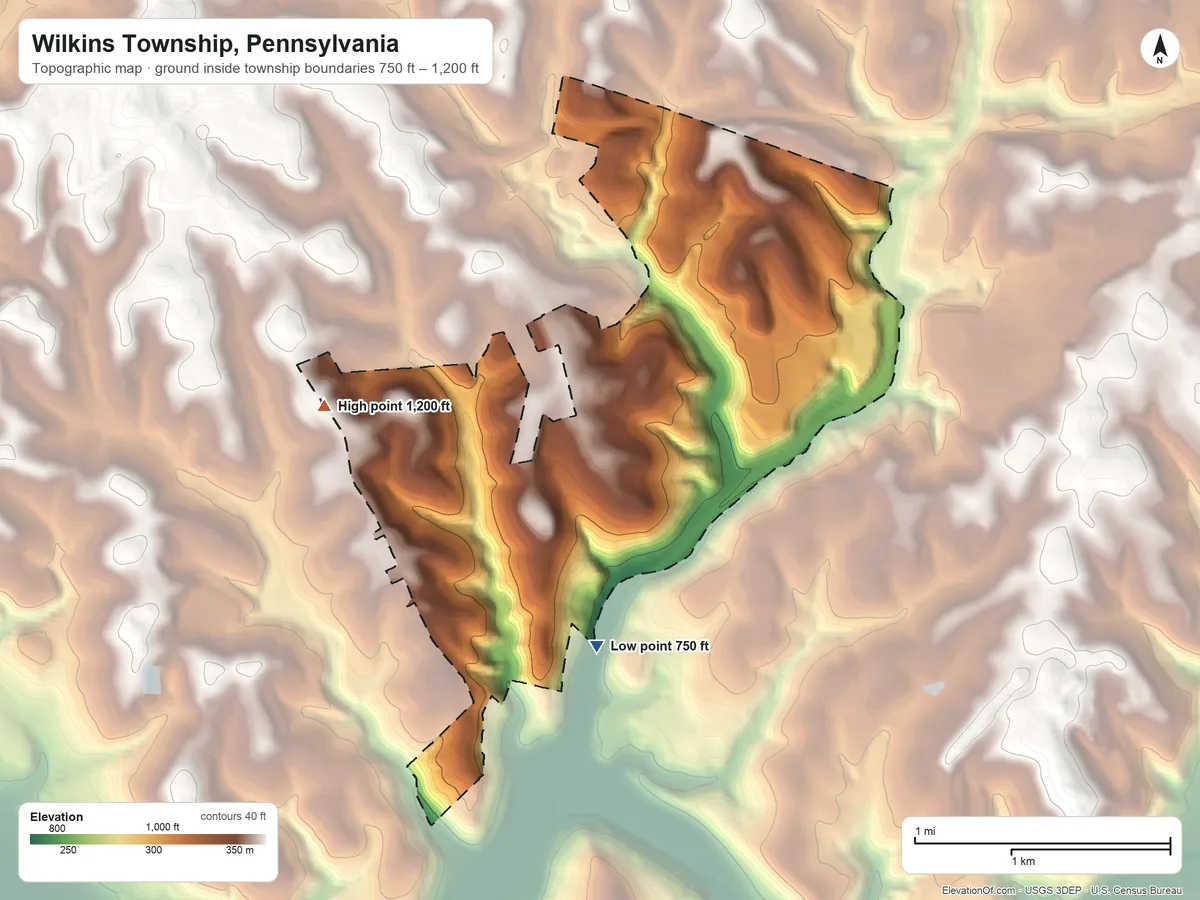 Topographic elevation map of Wilkins Township, Pennsylvania, shaded from 750 ft on the south side to 1,200 ft on the west side