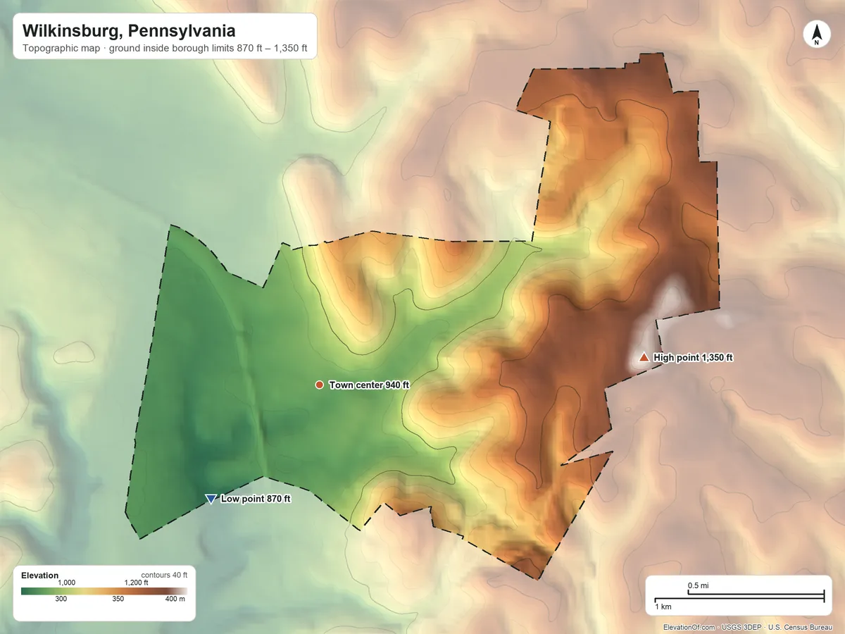 Topographic elevation map of Wilkinsburg, Pennsylvania, shaded from 870 ft on the southwest side to 1,350 ft on the east side