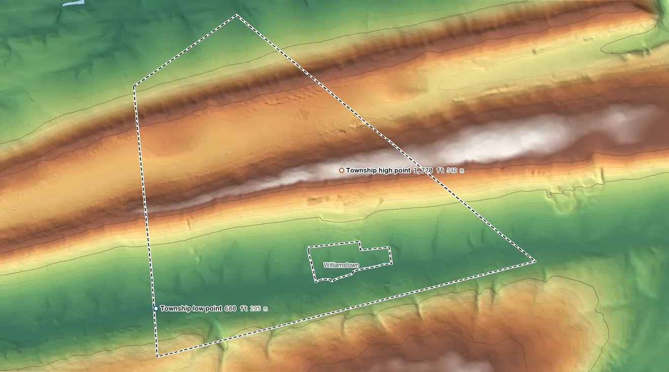 Topographic elevation map of Williams Township, Dauphin County, Pennsylvania, shaded from 680 ft on the west side to 1,770 ft on the northeast side