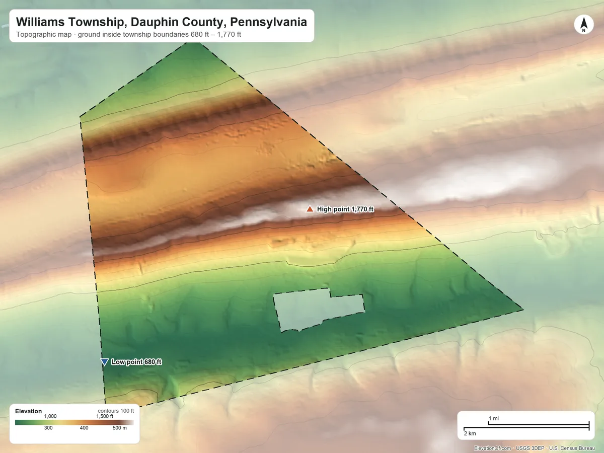 Topographic elevation map of Williams Township, Dauphin County, Pennsylvania, shaded from 680 ft on the west side to 1,770 ft on the northeast side