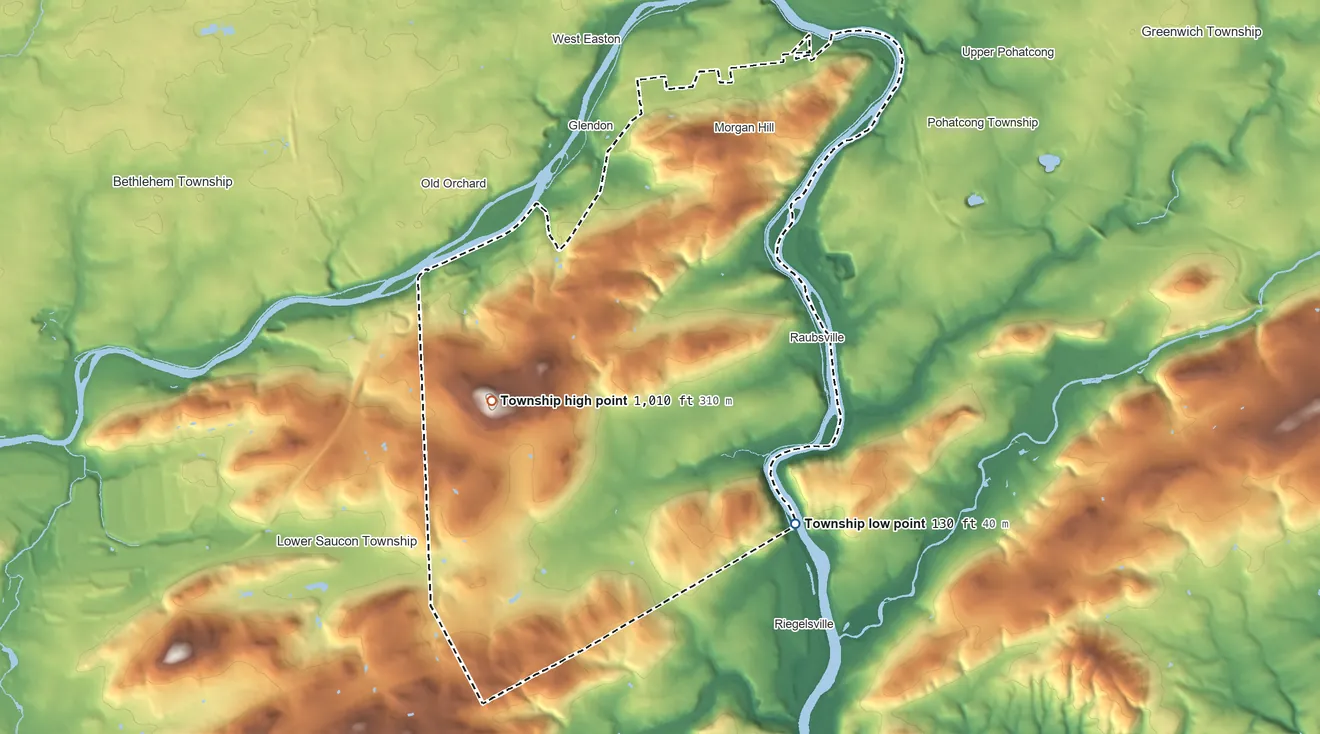 Topographic elevation map of Williams Township, Pennsylvania, shaded from 130 ft on the southeast side to 1,010 ft on Gaffney Hill
