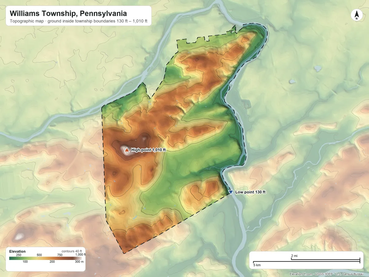 Topographic elevation map of Williams Township, Pennsylvania, shaded from 130 ft on the southeast side to 1,010 ft on Gaffney Hill