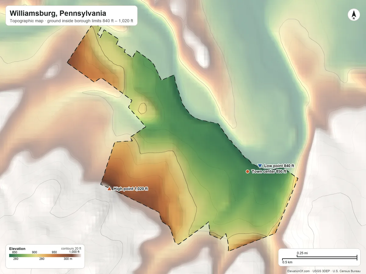 Topographic elevation map of Williamsburg, Pennsylvania, shaded from 840 ft near the middle to 1,020 ft on the west edge, below higher ground just outside