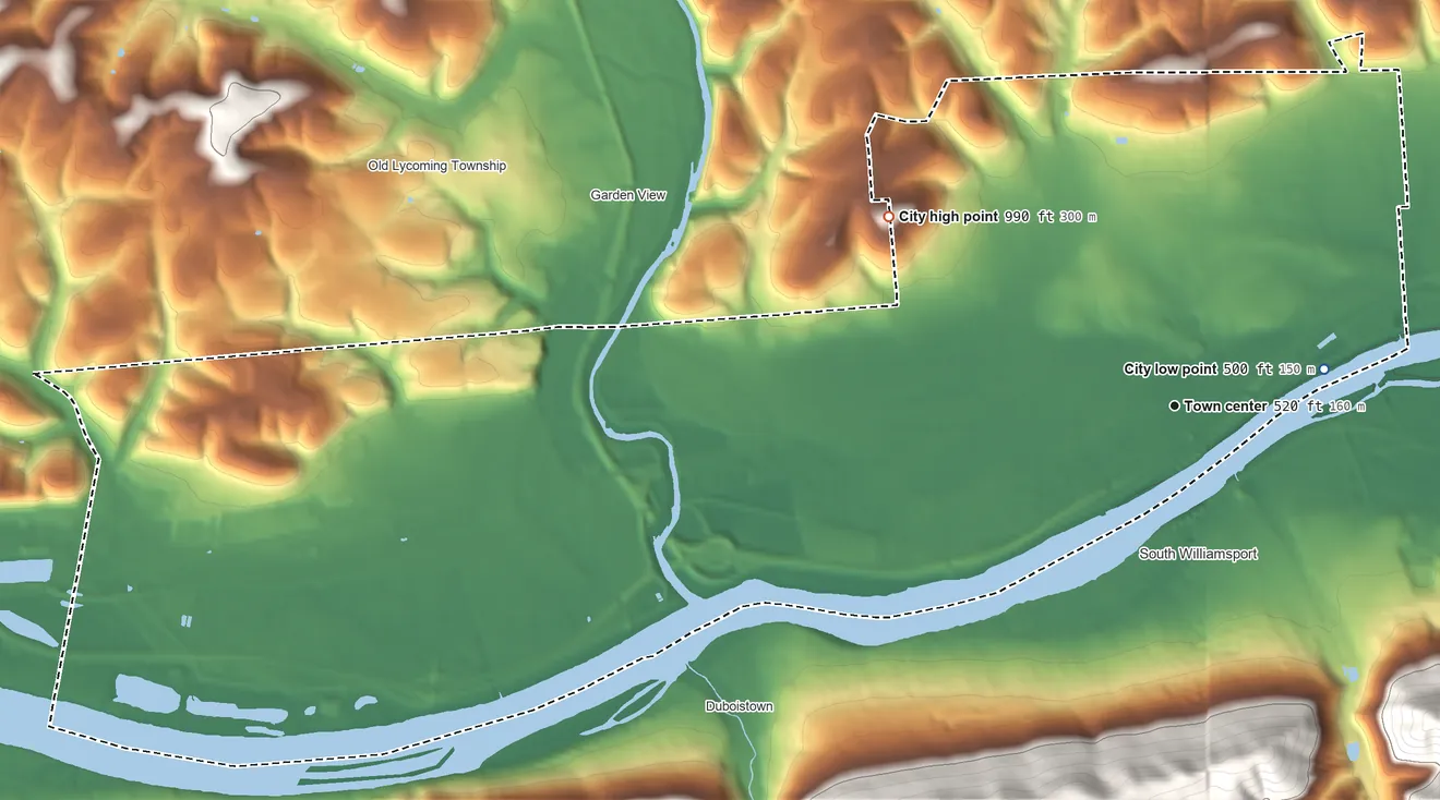 Topographic elevation map of Williamsport, Pennsylvania, shaded from 500 ft near the middle to 990 ft on the northwest side