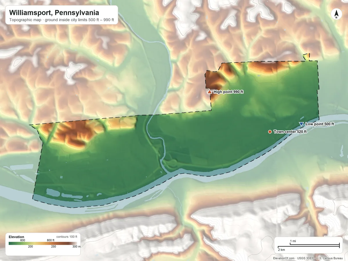 Topographic elevation map of Williamsport, Pennsylvania, shaded from 500 ft near the middle to 990 ft on the northwest side