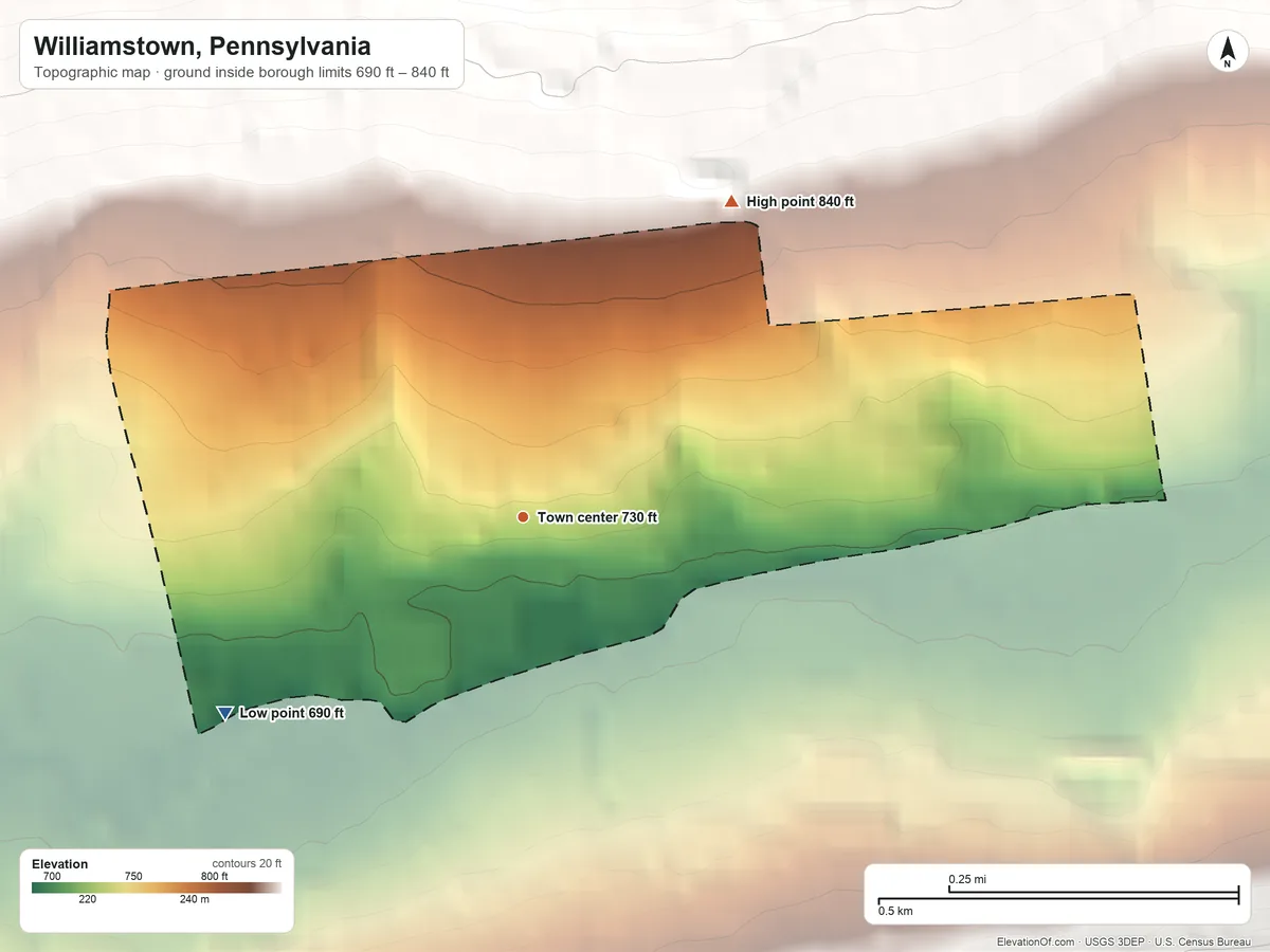 Topographic elevation map of Williamstown, Pennsylvania, shaded from 690 ft on the southwest side to 840 ft at the foot of the Bunker Hills