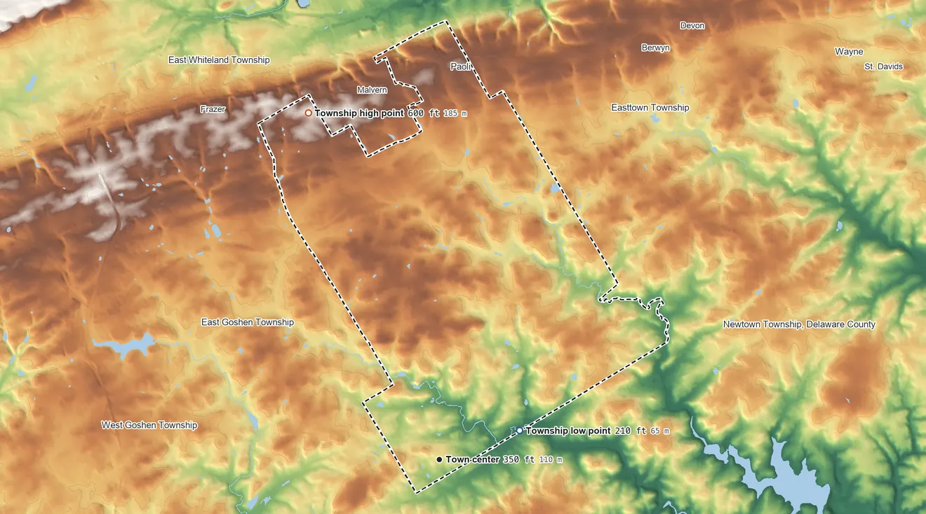 Topographic elevation map of Willistown Township, Pennsylvania, shaded from 210 ft on the east side to 600 ft on the north side
