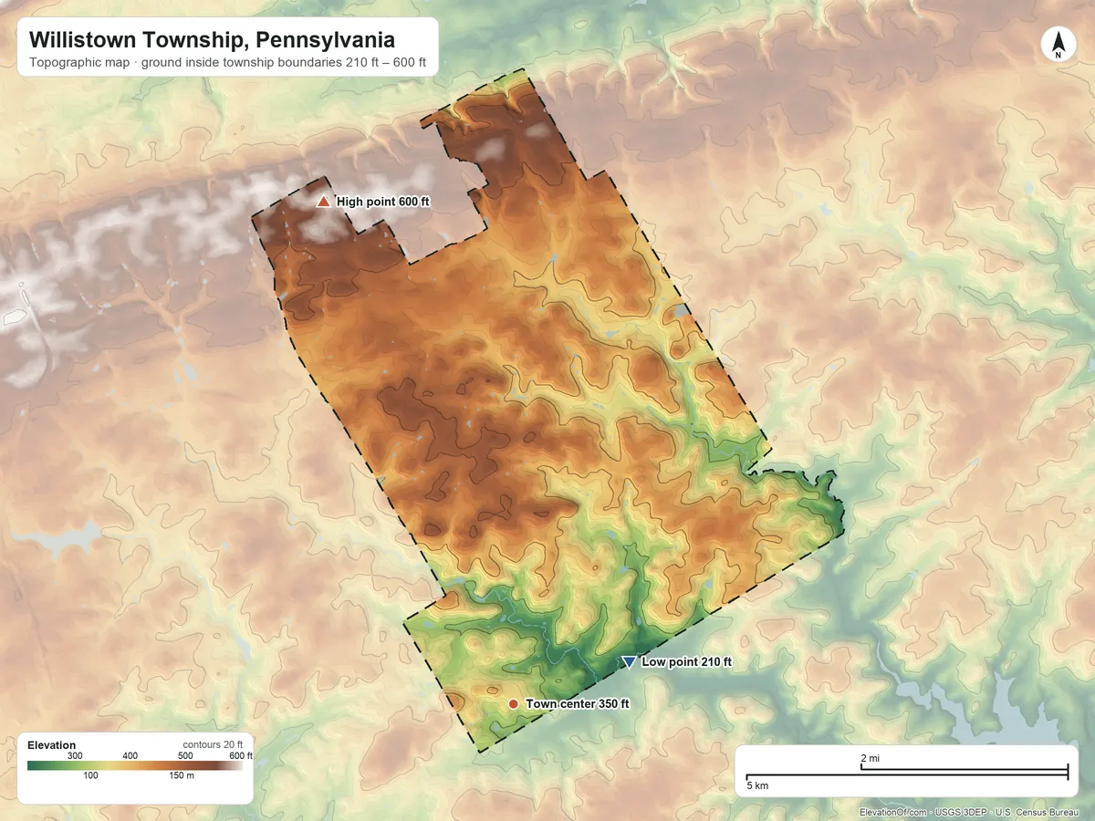 Topographic elevation map of Willistown Township, Pennsylvania, shaded from 210 ft on the east side to 600 ft on the north side