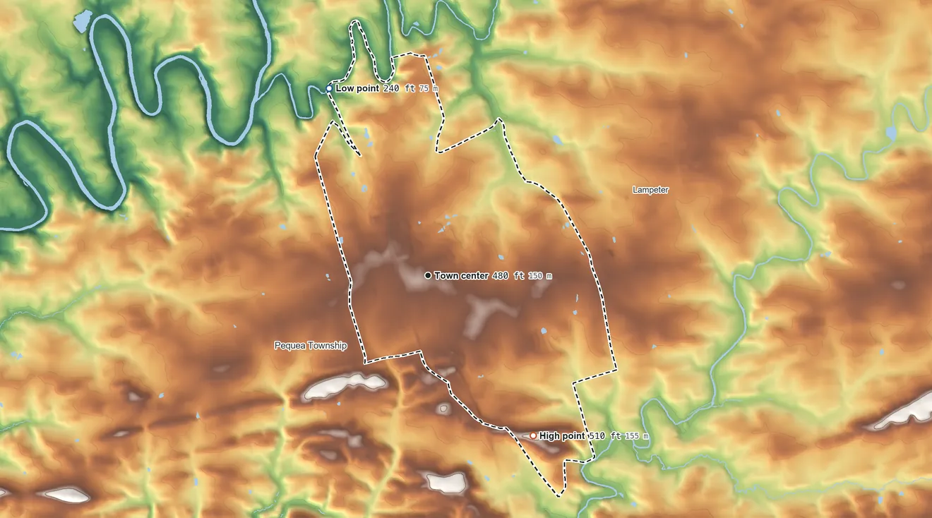 Topographic elevation map of Willow Street, Pennsylvania, shaded from 240 ft on the northwest side to 510 ft on the southeast side
