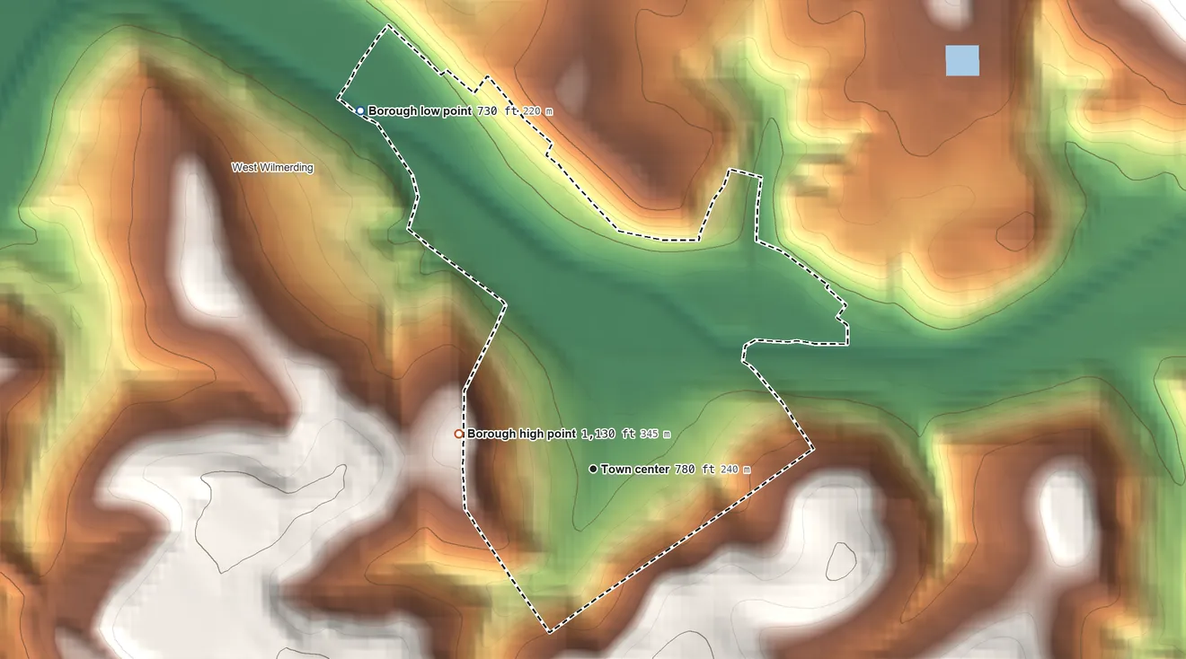 Topographic elevation map of Wilmerding, Pennsylvania, shaded from 730 ft on the northwest side to 1,130 ft on the west side