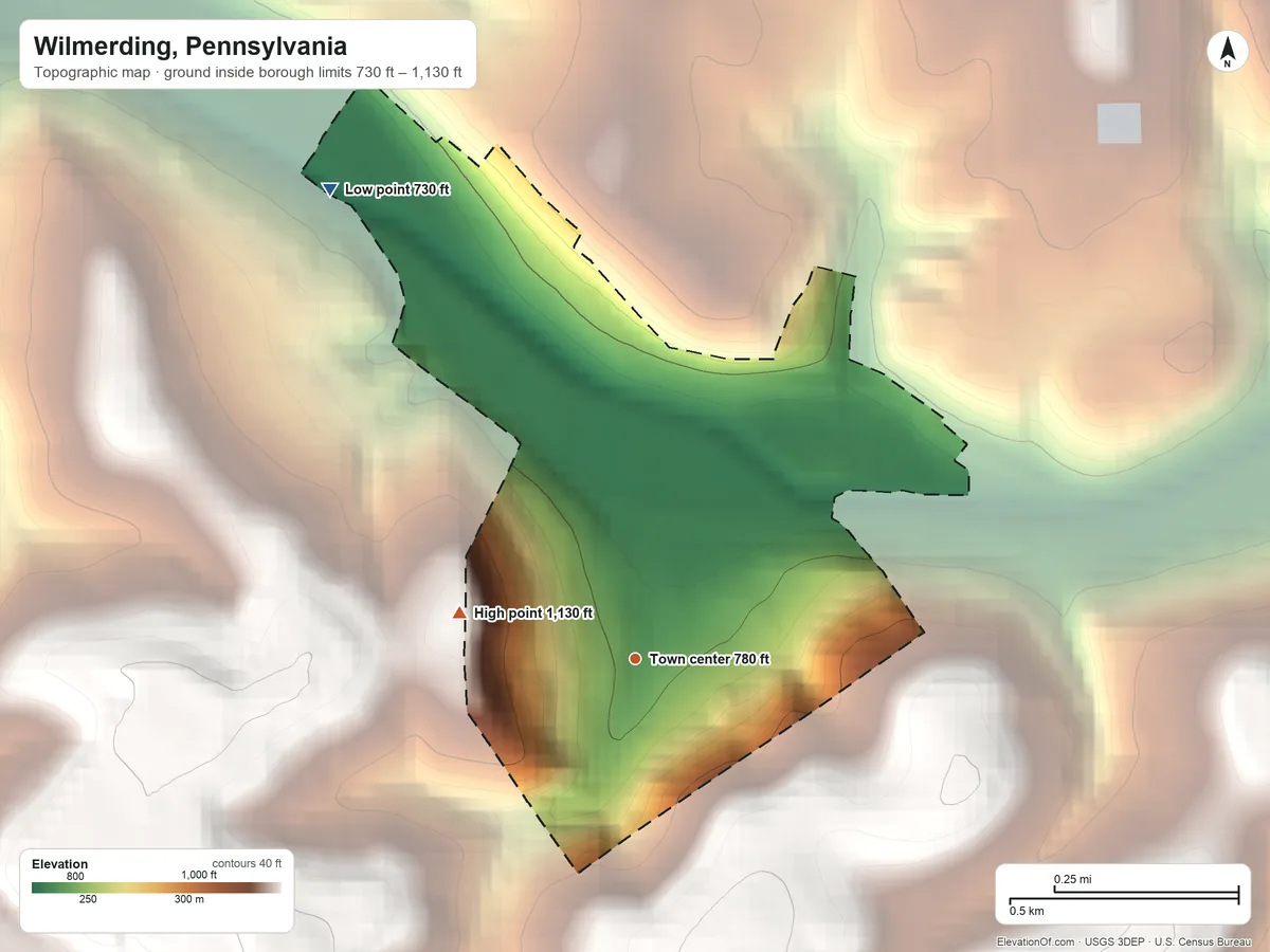 Topographic elevation map of Wilmerding, Pennsylvania, shaded from 730 ft on the northwest side to 1,130 ft on the west side