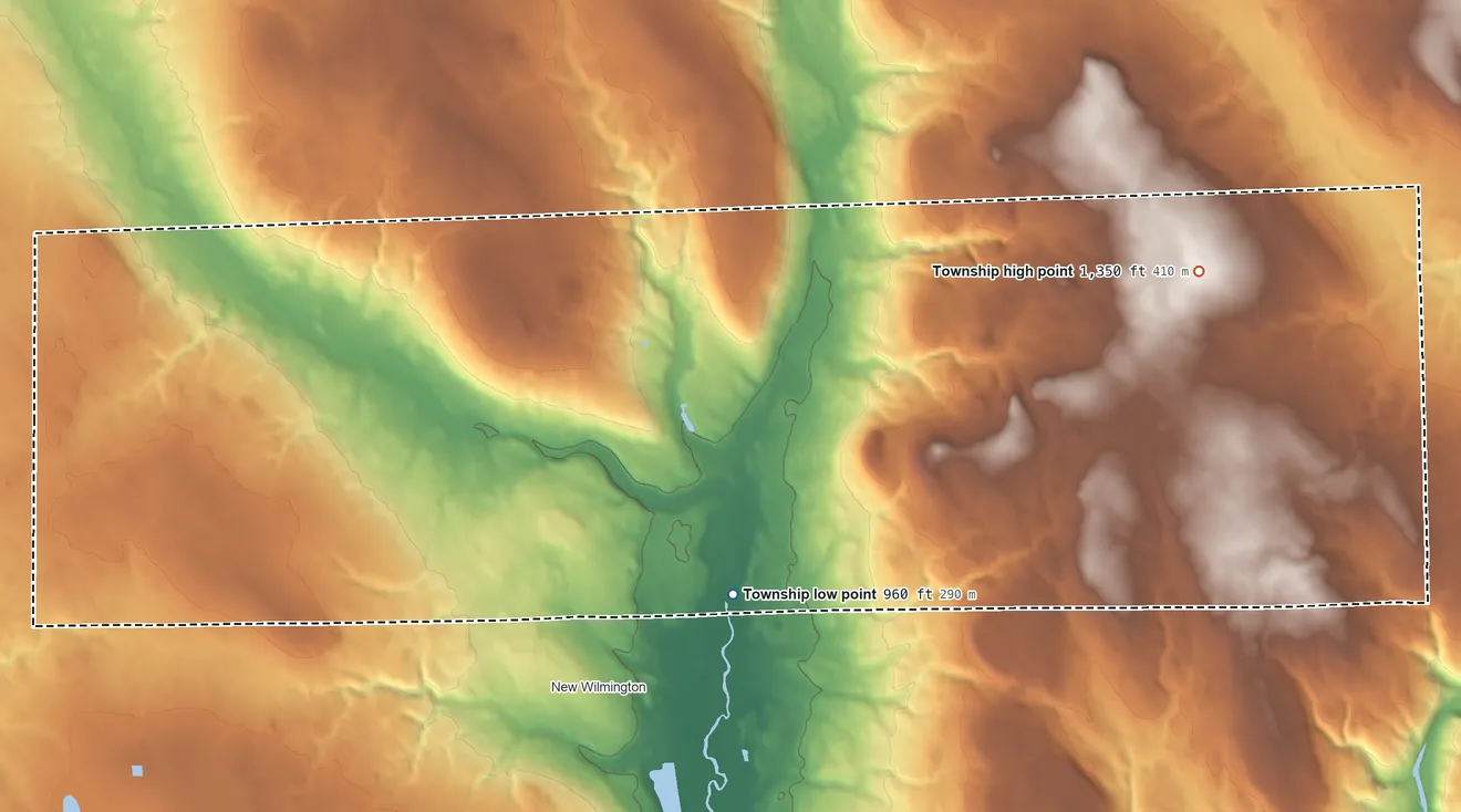 Topographic elevation map of Wilmington Township, Mercer County, Pennsylvania, shaded from 960 ft on the south side to 1,350 ft on the east side