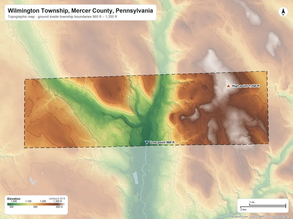 Topographic elevation map of Wilmington Township, Mercer County, Pennsylvania, shaded from 960 ft on the south side to 1,350 ft on the east side