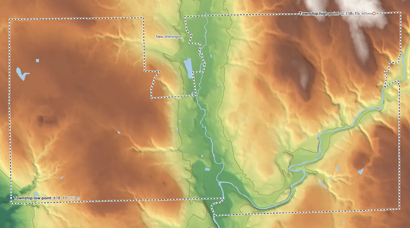 Topographic elevation map of Wilmington Township, Pennsylvania, shaded from 870 ft on the west side to 1,330 ft on the northeast side